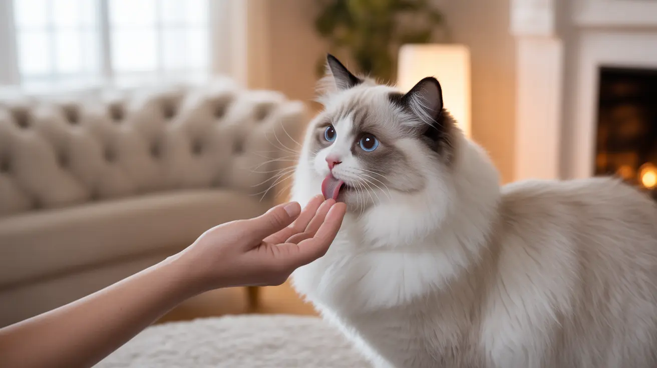 A beautiful Ragdoll cat being affectionately touched on the cheek by a human hand, gently licking its paw.