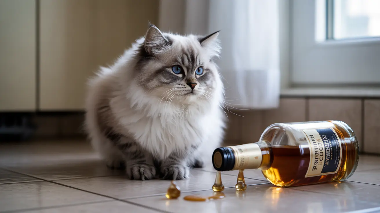 A fluffy white and gray Ragdoll cat sitting next to a tipped-over whiskey bottle with spilled liquid on the floor