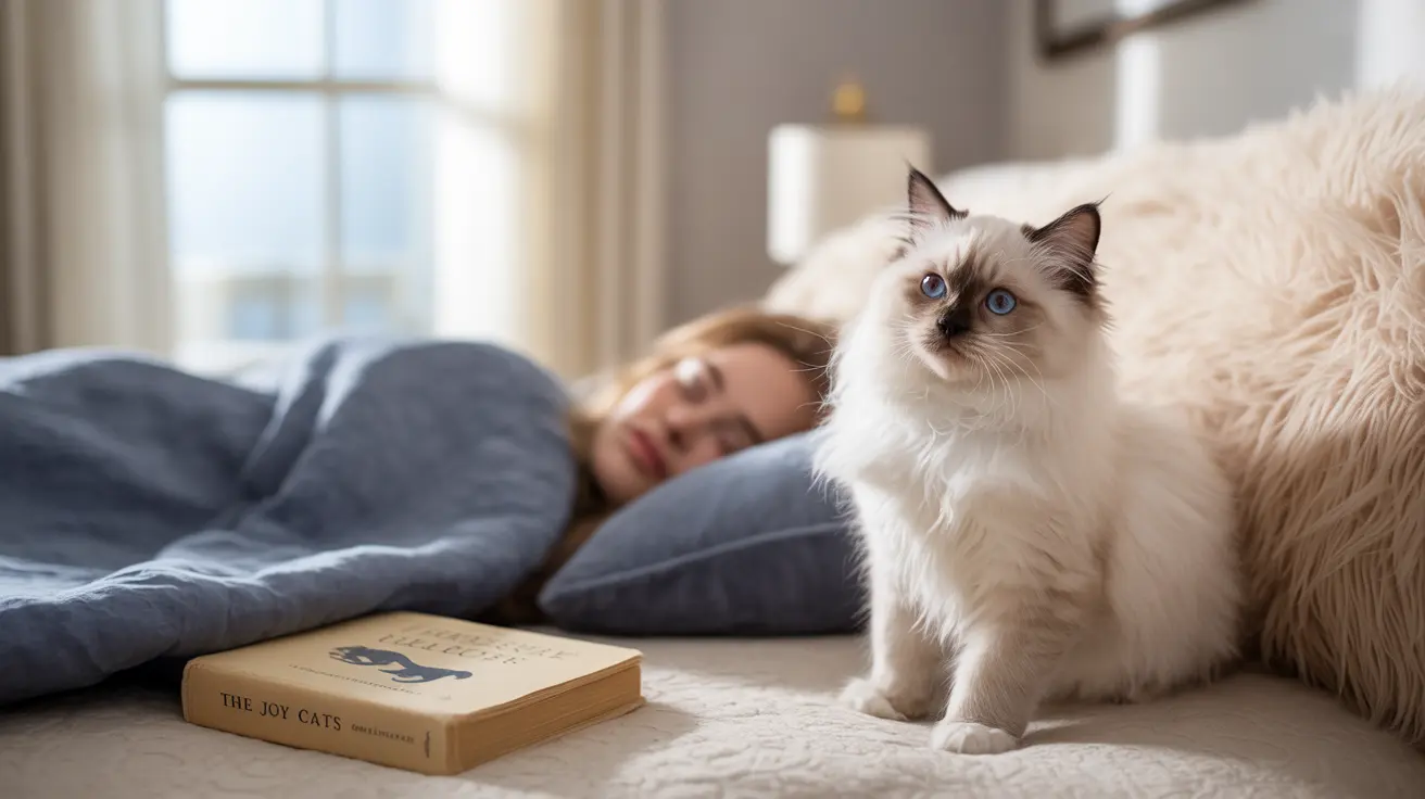 A pristine white Ragdoll cat sitting alertly on a cozy bed with a sleeping person in the background