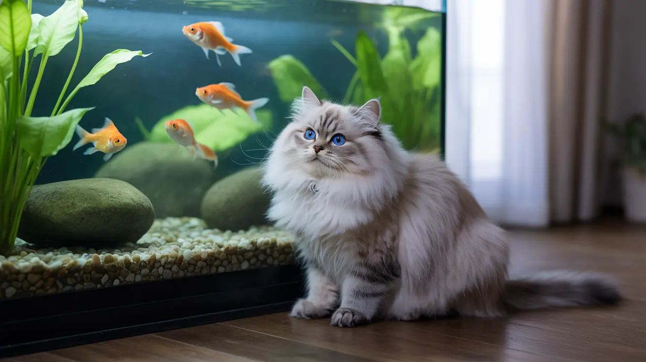 A fluffy Ragdoll cat sitting near an aquarium with goldfish swimming inside
