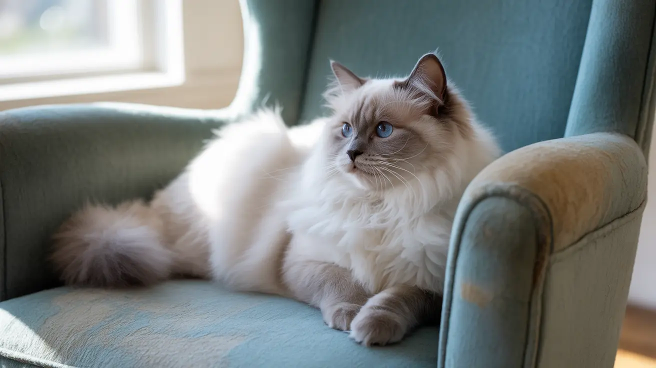 A majestic Ragdoll cat sitting elegantly on a blue-green armchair near a window