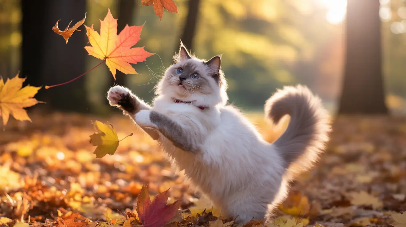 A white and gray Ragdoll cat playfully reaching out to catch falling autumn leaves in a sunlit forest setting.