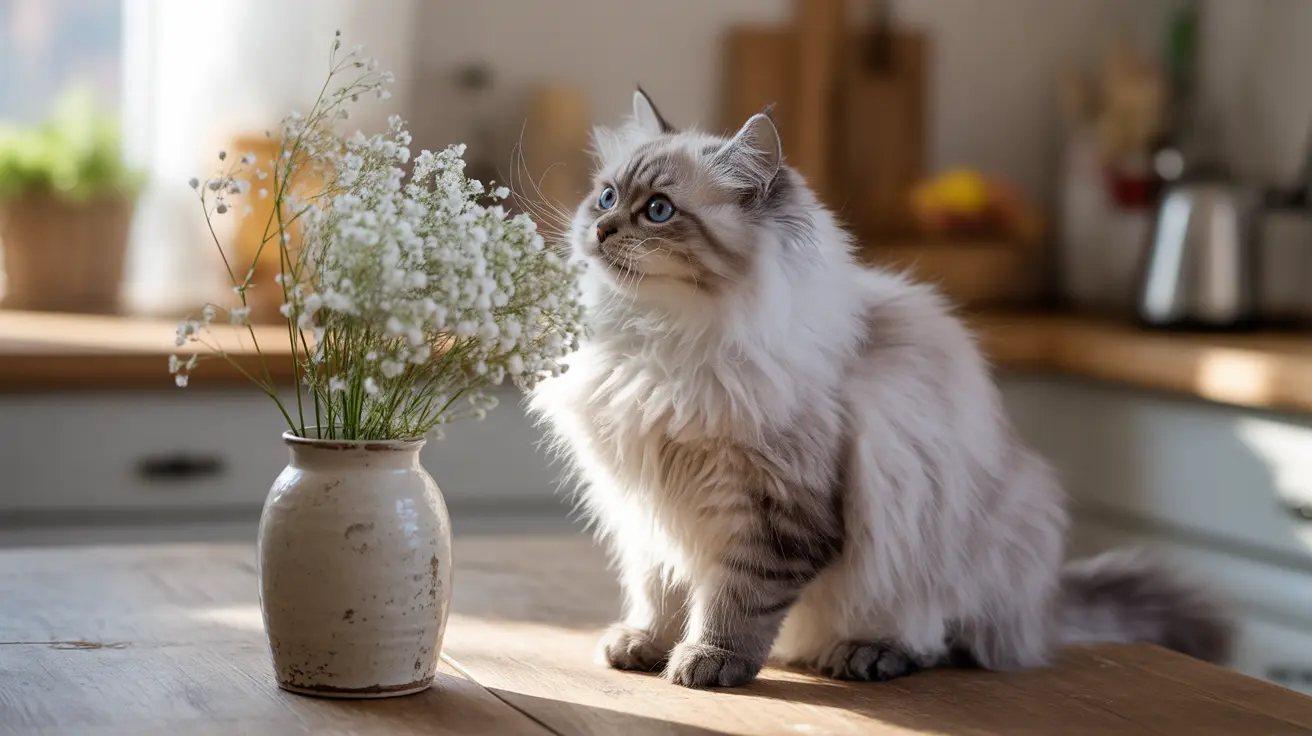 A fluffy white and gray Ragdoll cat sitting elegantly next to a vase of baby's breath flowers in a sunlit kitchen