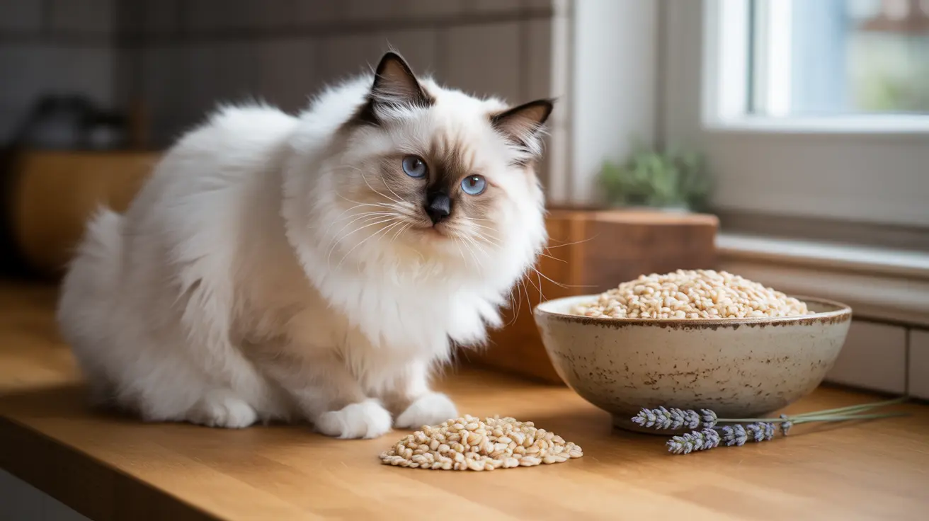 A fluffy white and cream Ragdoll cat sitting next to a bowl of grains with a lavender sprig