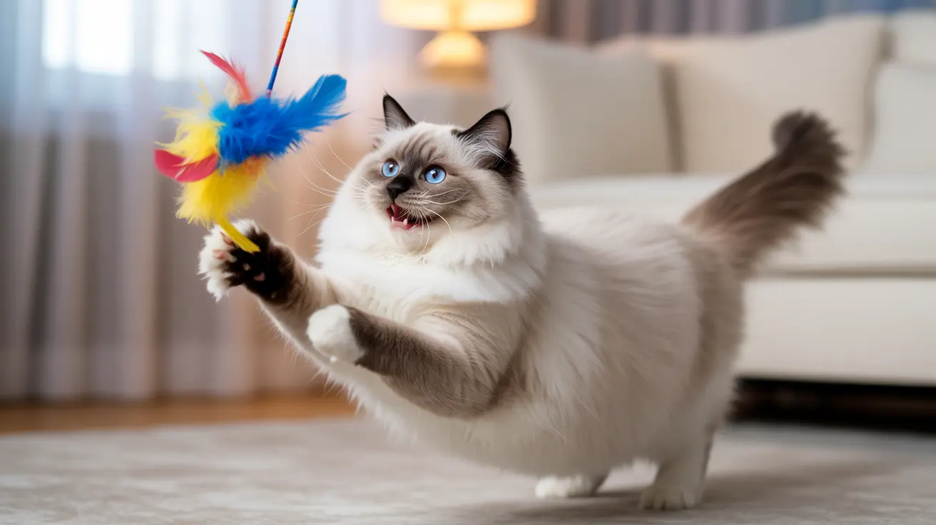 A playful Ragdoll cat batting at a colorful feather toy in a living room