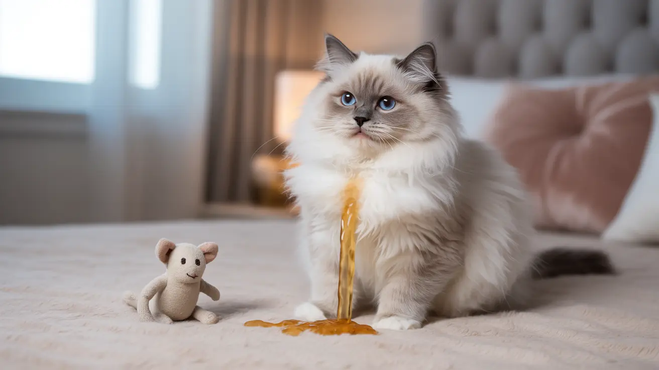 Fluffy white and gray Ragdoll cat sitting on a bed next to a small stuffed mouse toy with a liquid spill in front