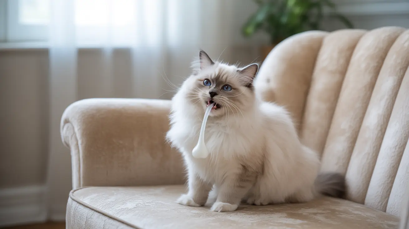 Ragdoll cat sitting on beige armchair with white ribbon hanging from its mouth