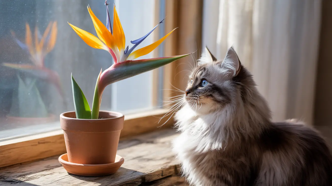 A fluffy Ragdoll cat sitting near a vibrant Bird of Paradise flower in a terracotta pot