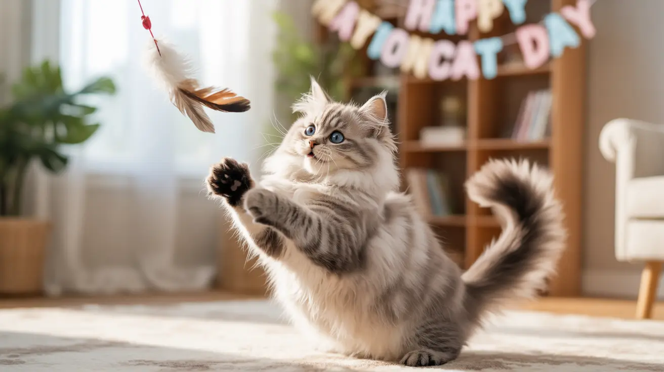 A fluffy Ragdoll cat playfully reaching for a feather toy during a birthday celebration.