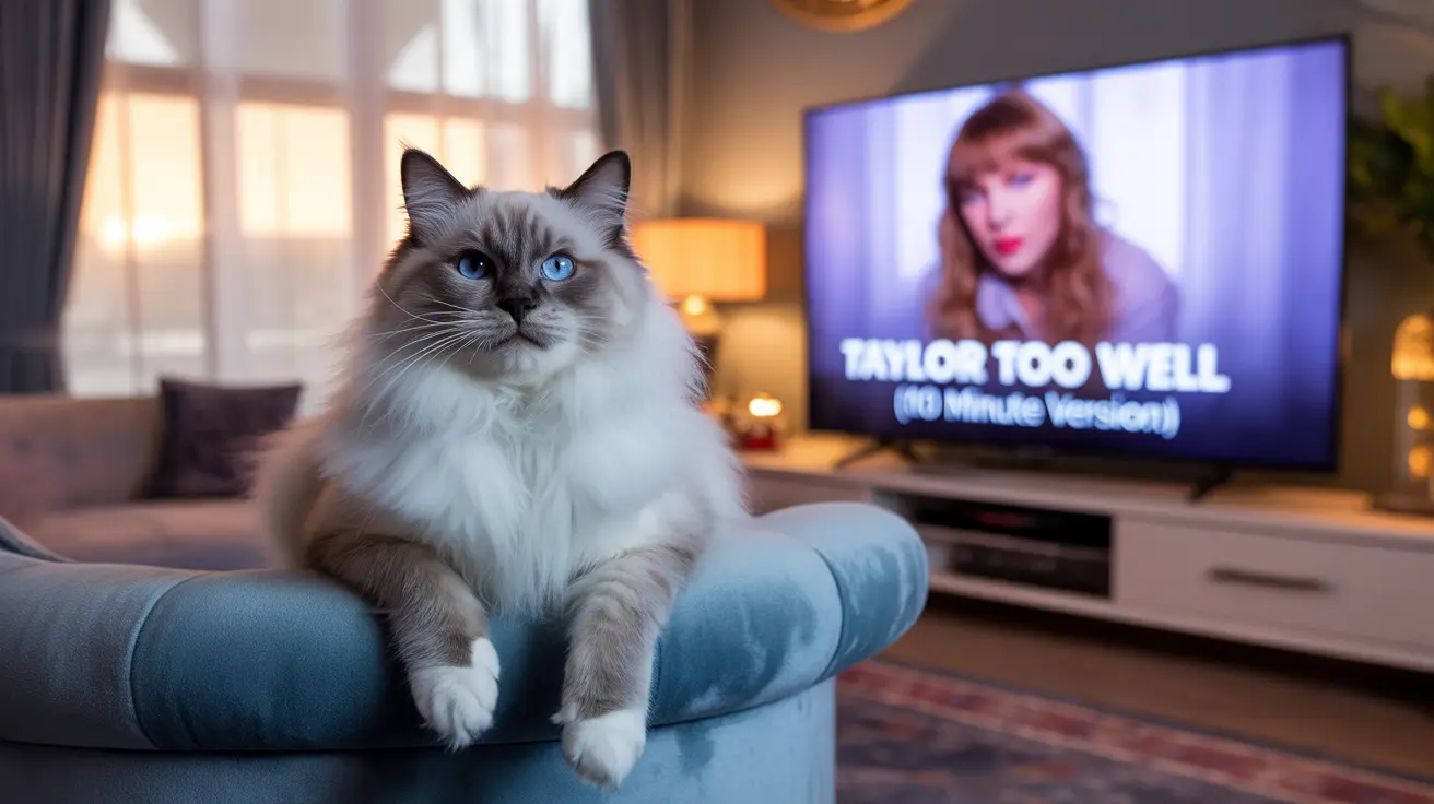 ふわふわしたラグドールの猫が青いベルベットのソファに優雅に座り、後ろのテレビではミュージックビデオが流れている様子
