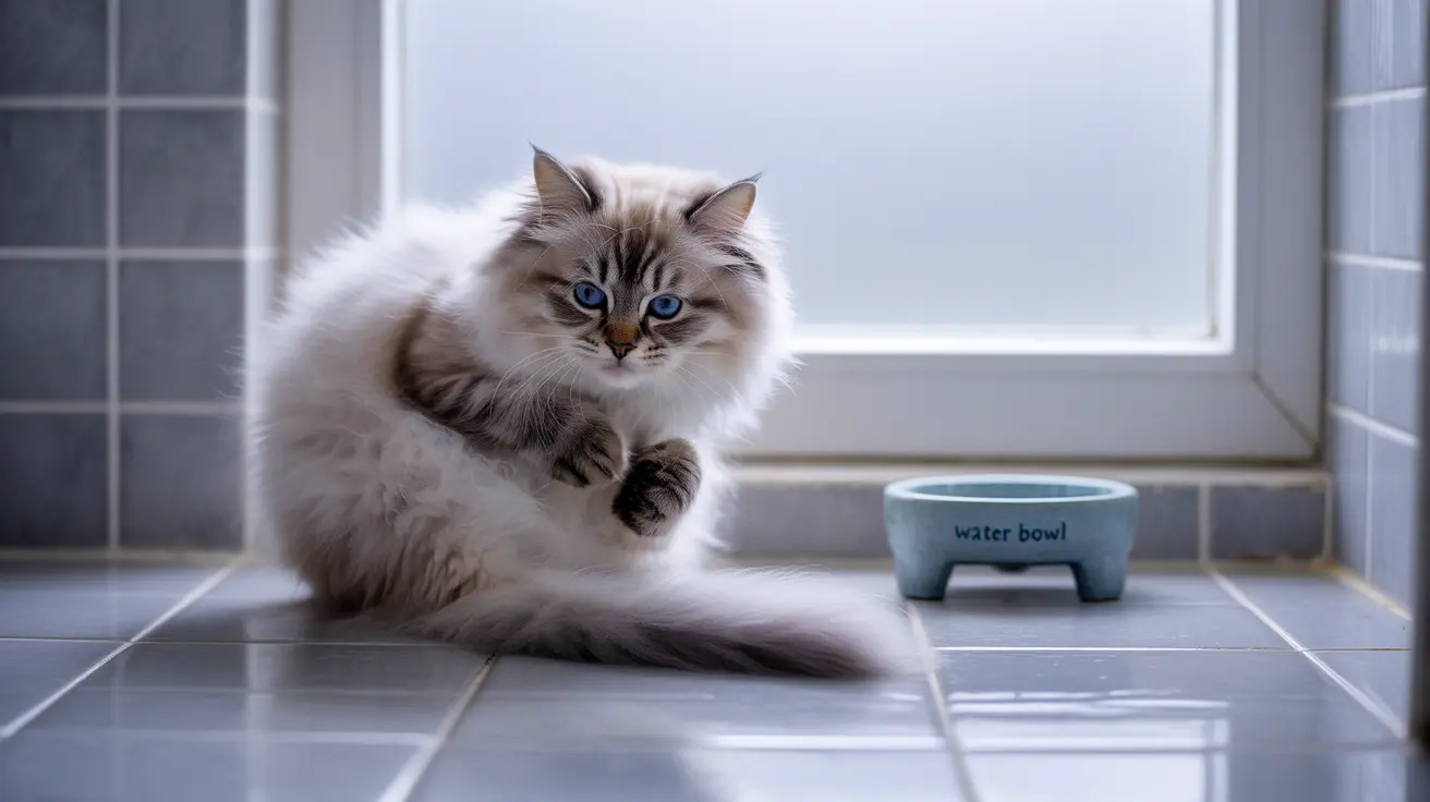 A fluffy white and gray Ragdoll cat with striking blue eyes sitting on tiled floor near a water bowl