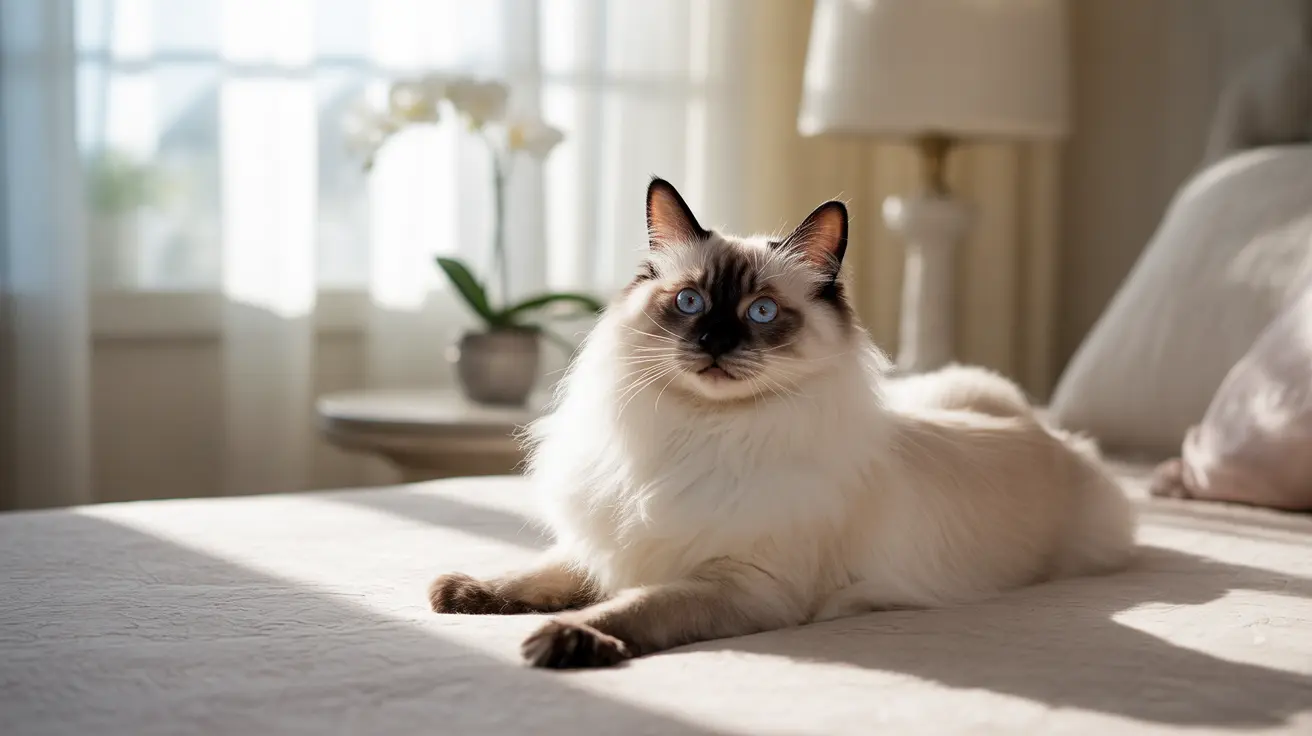 A beautiful Ragdoll cat with striking blue eyes sitting elegantly on a bed near a sunny window