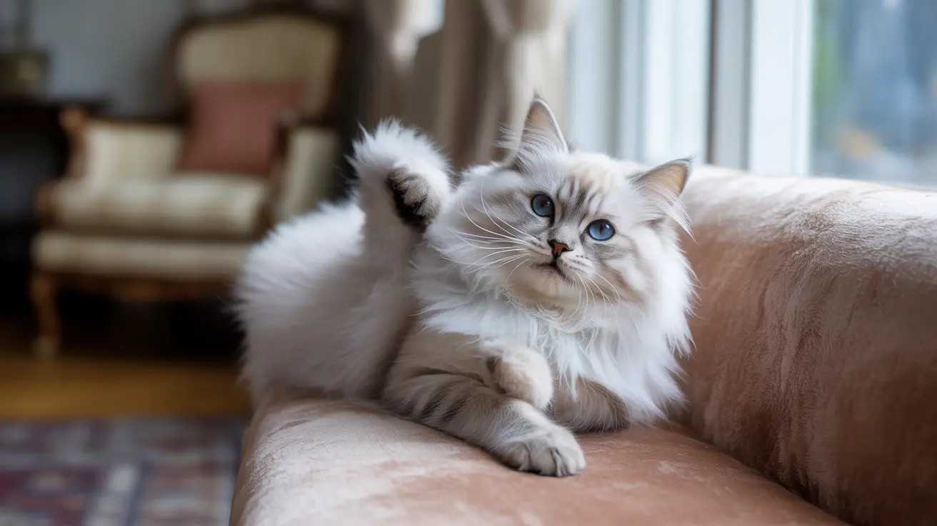 A fluffy white Ragdoll cat with striking blue eyes sitting on a beige couch near a window