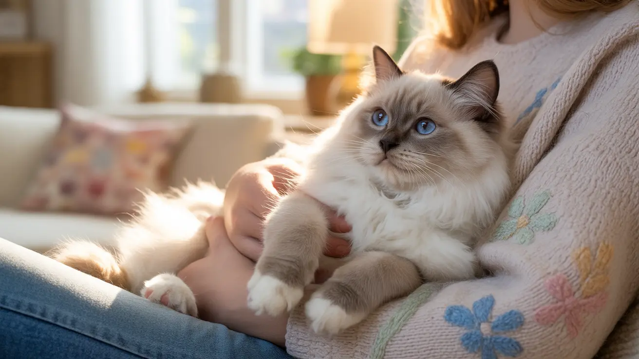 A beautiful Ragdoll cat with blue eyes sitting comfortably on a person's lap in a sunlit room