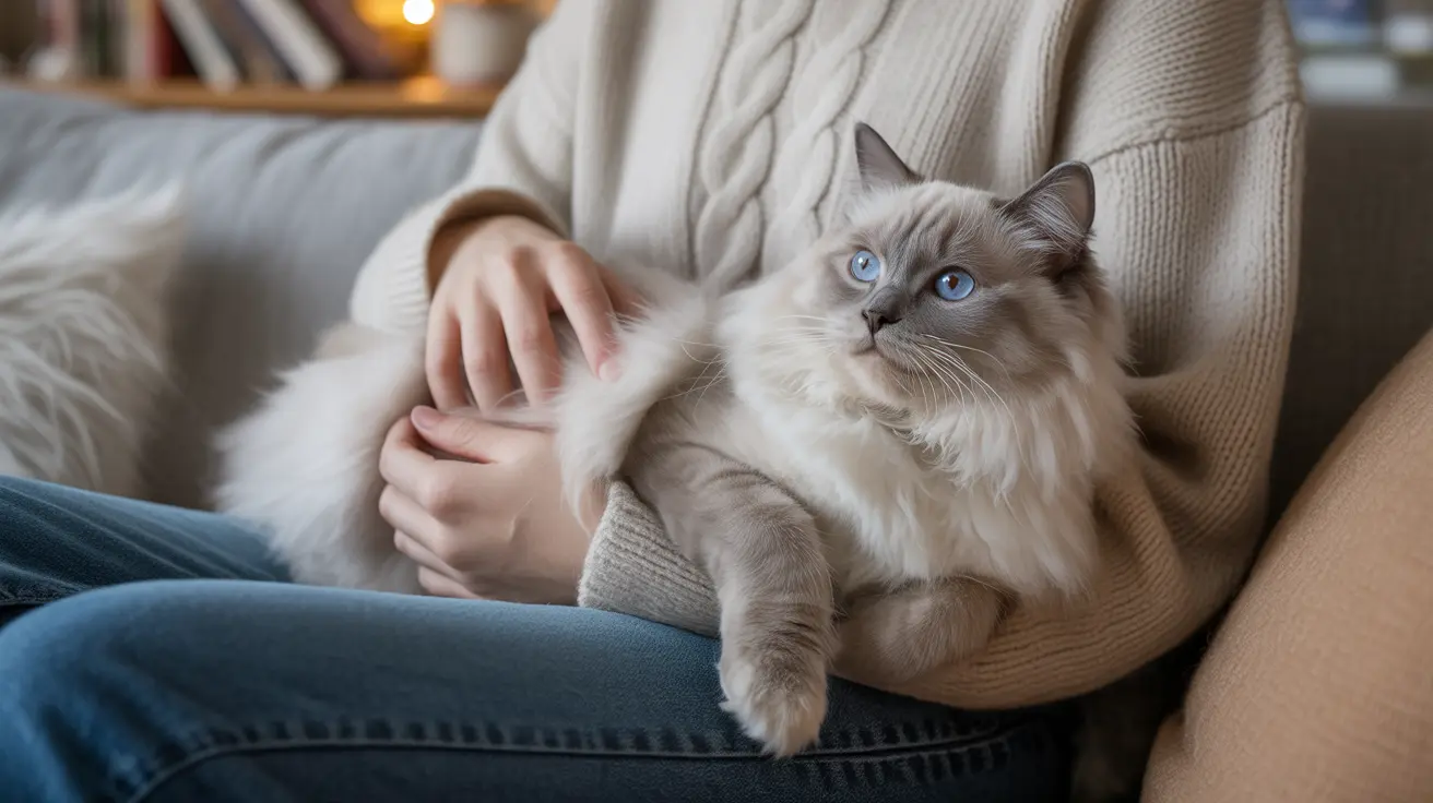 Un gato Ragdoll sereno con llamativos ojos azules descansa cómodamente en el regazo de una persona en casa.