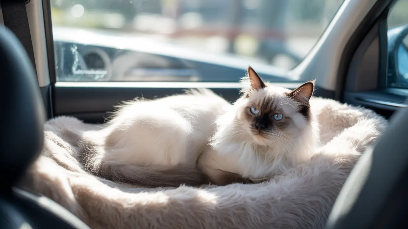 Fluffy Ragdoll cat with blue eyes resting on a soft blanket inside a car