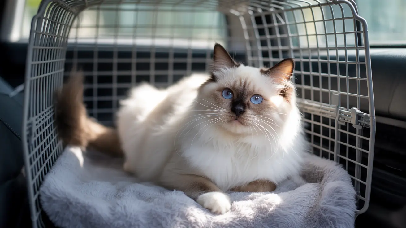 Ragdoll cat with blue eyes sitting calmly inside a wire pet carrier with soft bedding