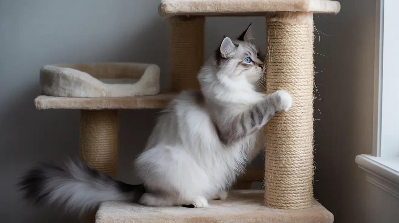 ふわふわの白とグレーのラグドール猫が鮮やかな青い目でキャットタワーの上で伸びをしている様子