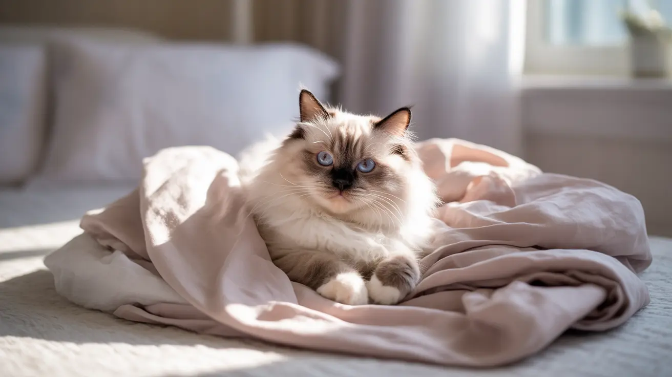 A beautiful Ragdoll cat with striking blue eyes resting on soft, light-colored bedding near a window