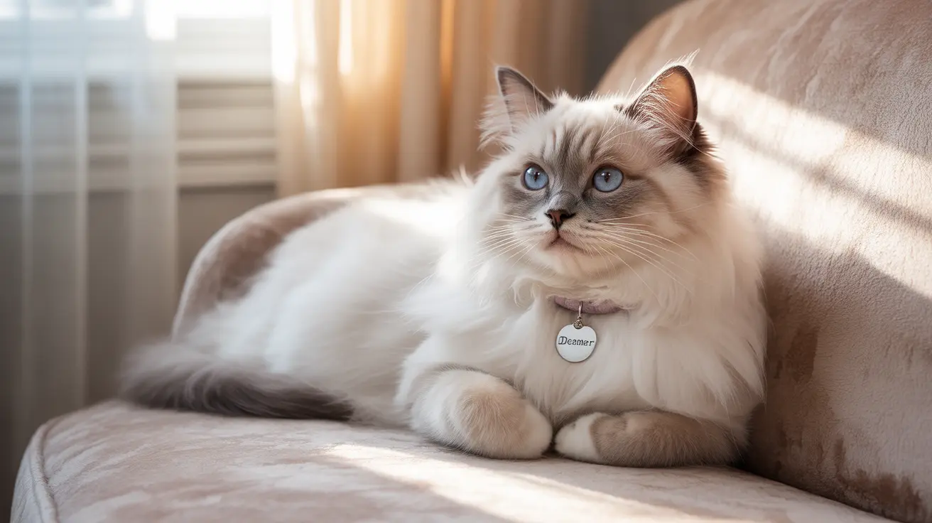 A beautiful white and cream Ragdoll cat with striking blue eyes sitting elegantly on a light-colored couch.