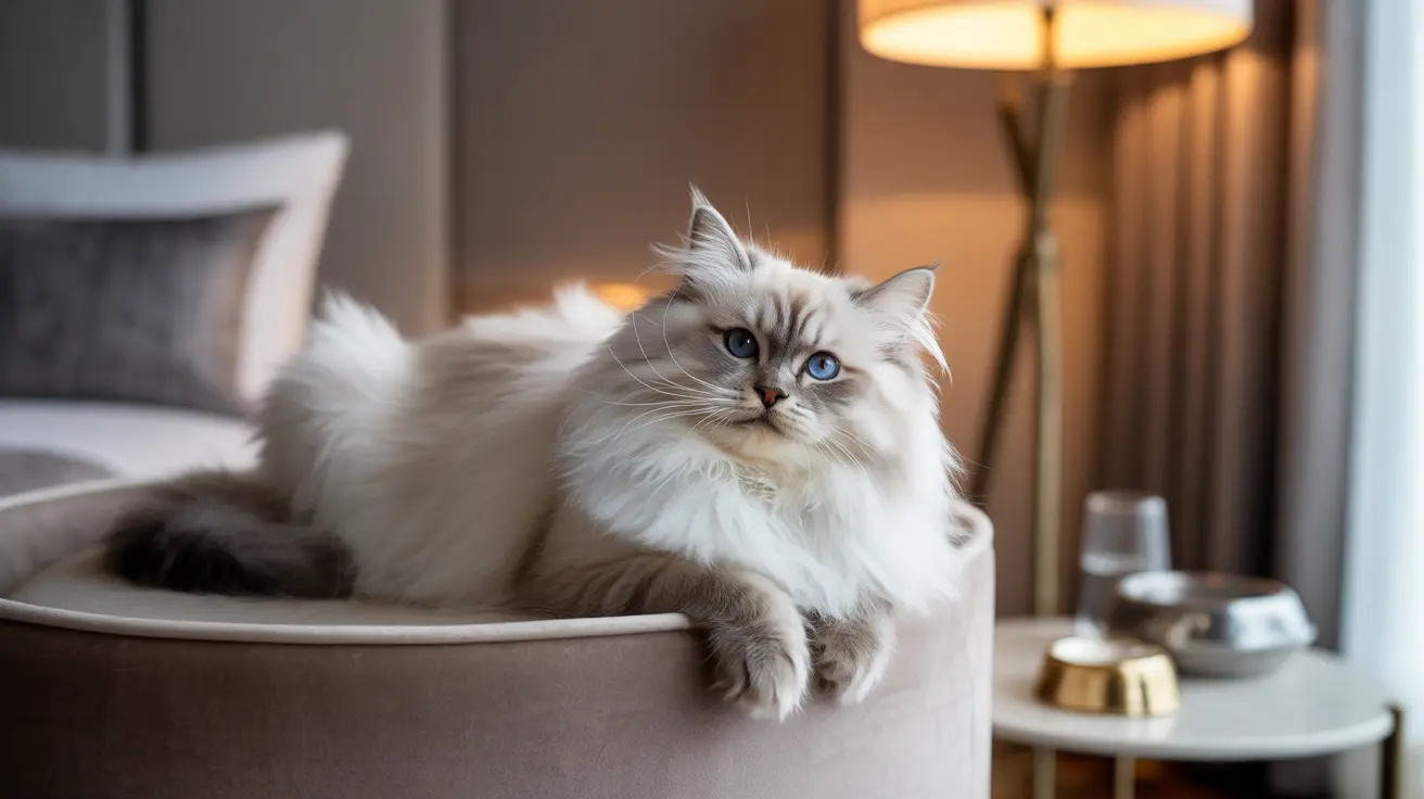 Majestic white and gray Ragdoll cat with striking blue eyes resting on a neutral-toned chair in a cozy warmly lit interior