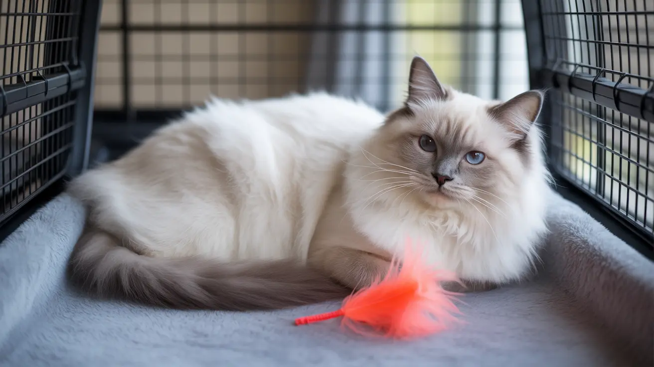 Ragdoll cat with blue eyes lying inside wire crate with red feather toy