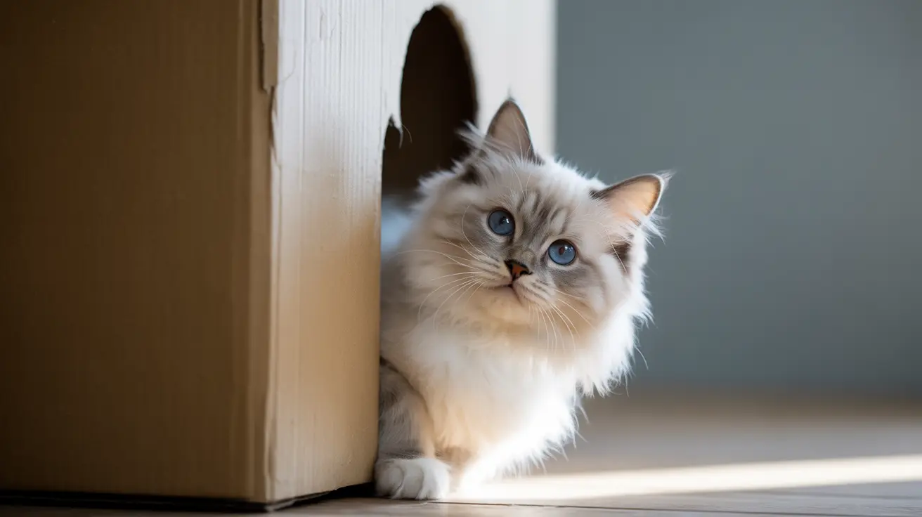 Ragdoll cat with blue eyes peeking around a wooden door frame indoors