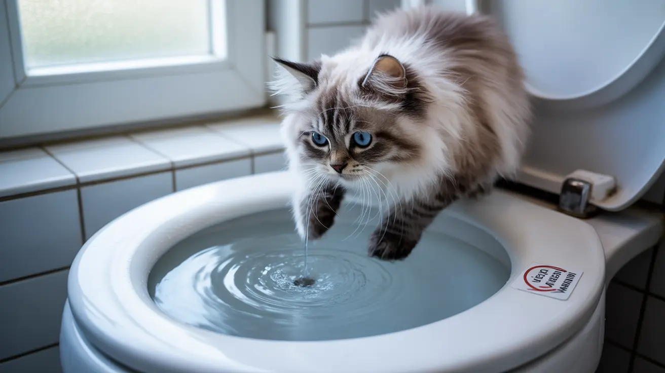 Fluffy Ragdoll cat with striking blue eyes drinking water from a pet water fountain