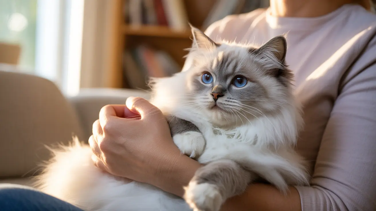 鮮やかな青い目を持つ美しいラグドール猫が室内で優しく抱かれている様子
