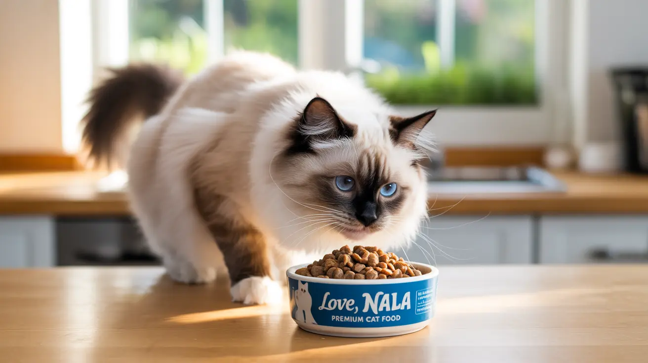 A beautiful Ragdoll cat with striking blue eyes sits next to a bowl of cat food on a kitchen counter