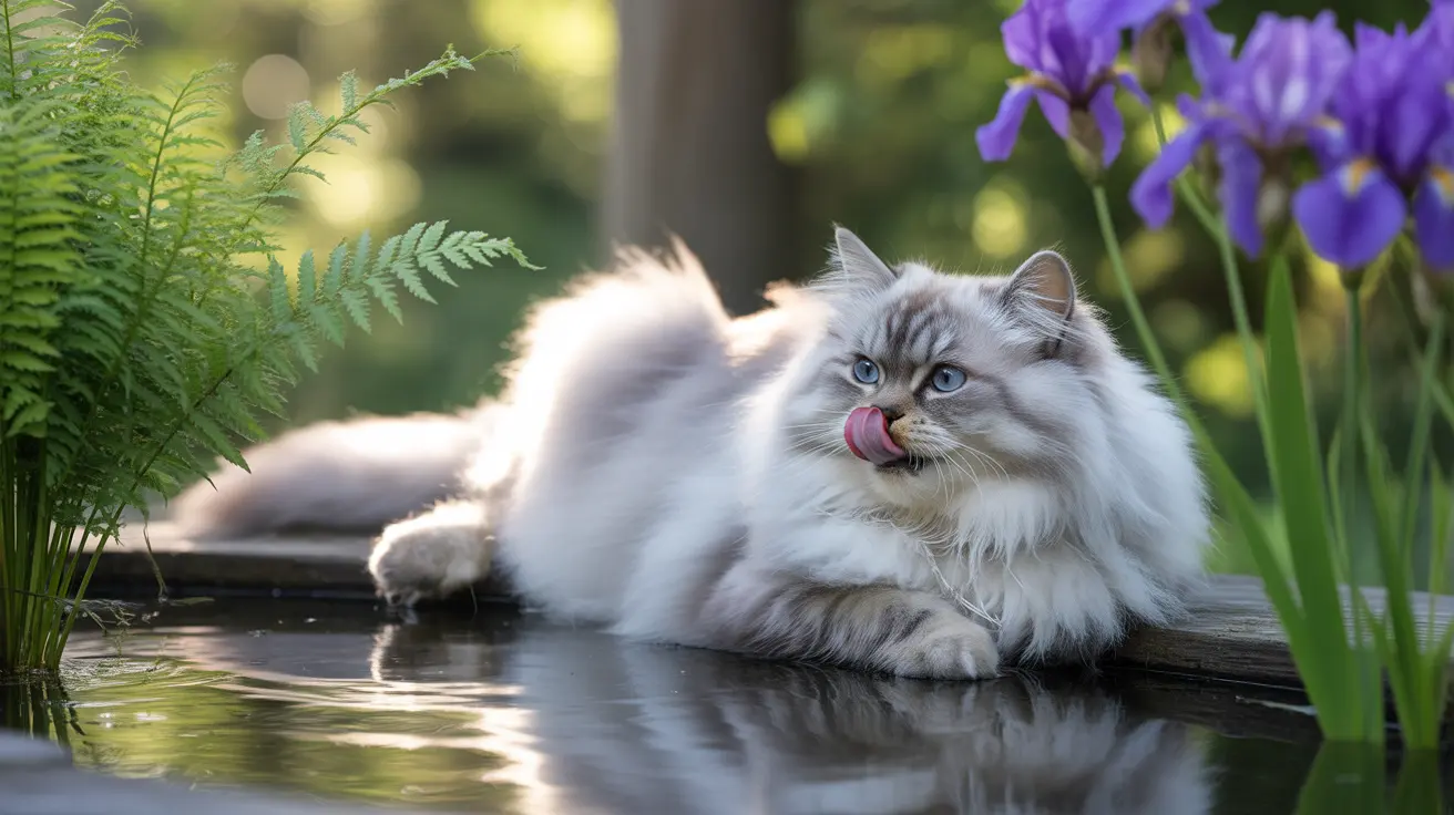 Fluffy Ragdoll cat with blue eyes lying near water on wooden surface in garden
