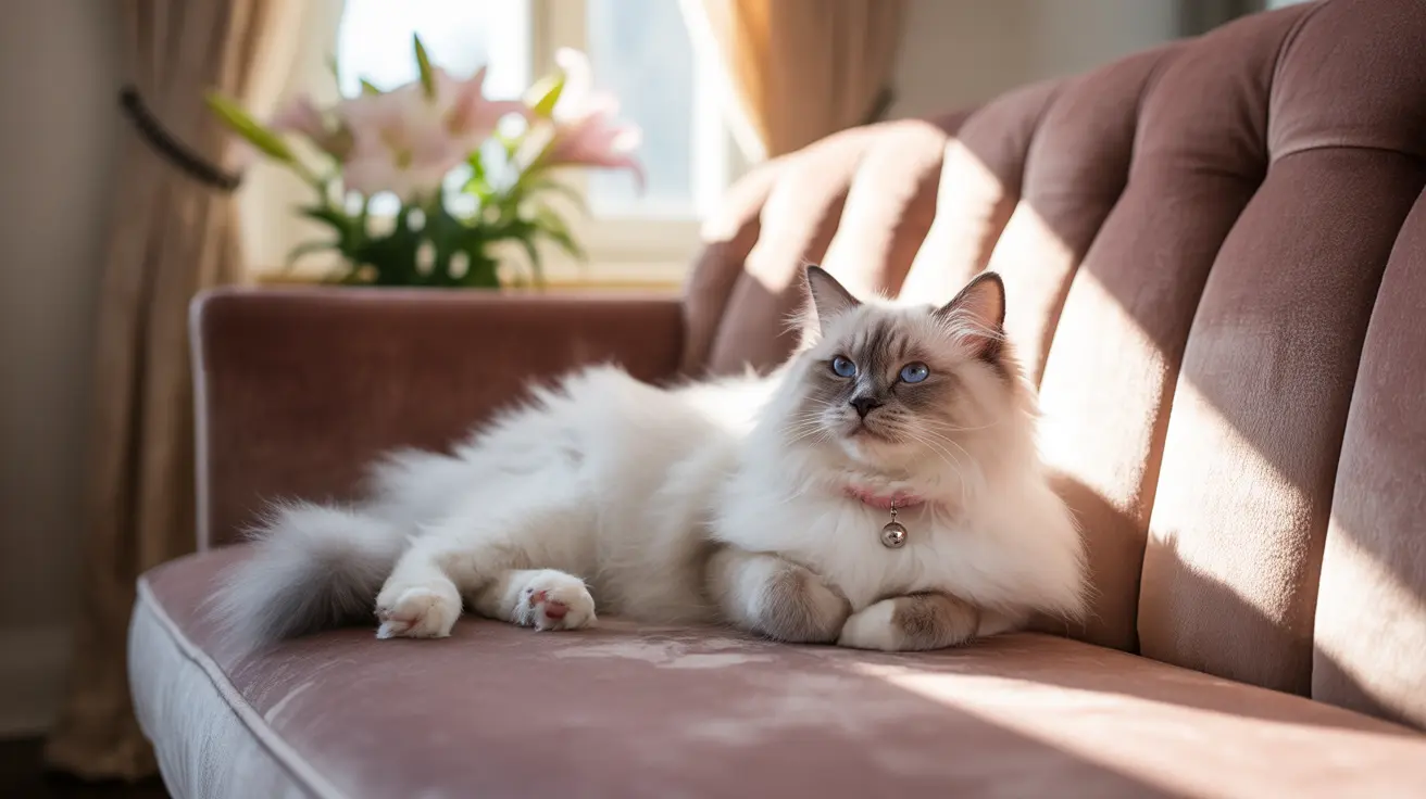 Un gato Ragdoll blanco y esponjoso con ojos azules descansa en un sillón de terciopelo rosa junto a una ventana soleada.