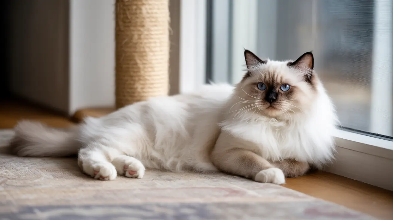 鮮やかな青い目を持つ美しいラグドール猫が、明るい室内の窓辺近くの敷物の上で穏やかに横たわっている様子