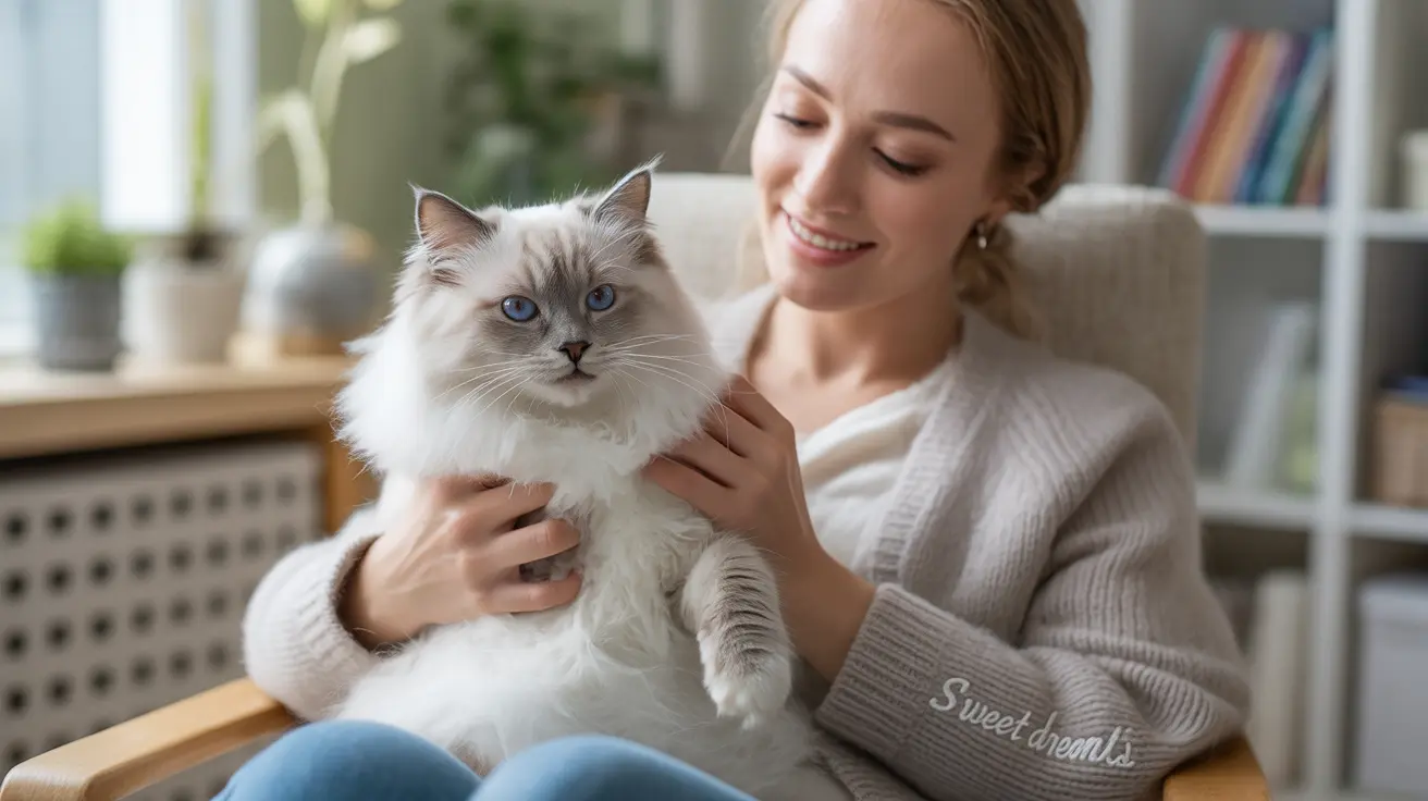 White Ragdoll cat with blue eyes being gently held by a smiling person in a cozy home setting