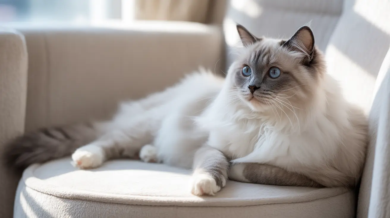A beautiful Ragdoll cat with striking blue eyes sitting elegantly on a light-colored couch