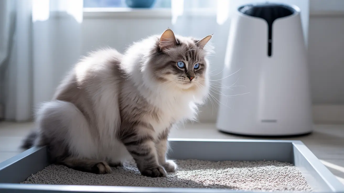 Fluffy Ragdoll cat with blue eyes sitting in a litter box in a modern home