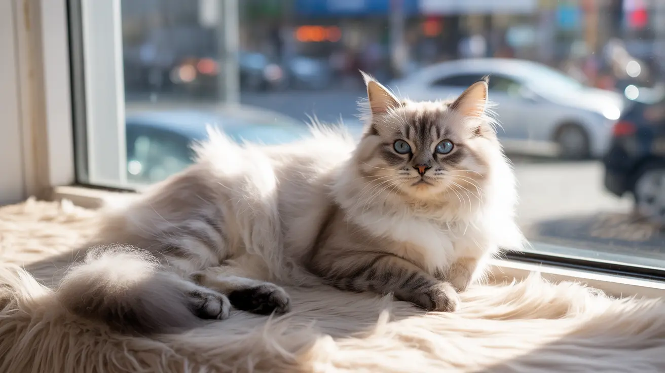 Ragdoll cat with blue eyes lying on a white blanket by a window overlooking a city street