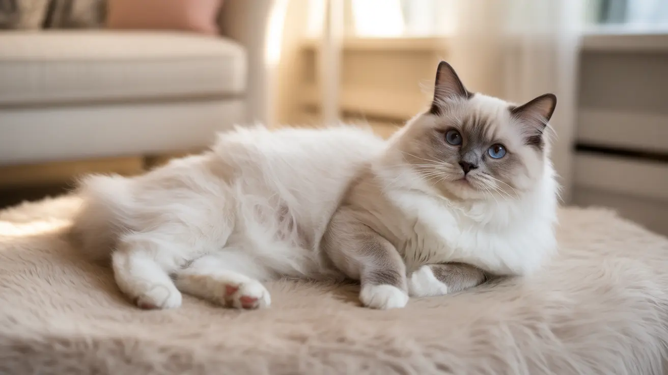 A beautiful Ragdoll cat with striking blue eyes resting on a soft fur rug in a minimalist living room