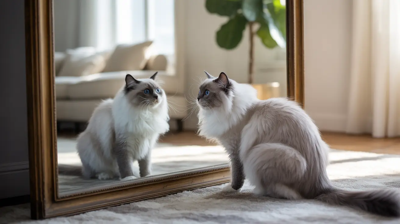 Ragdoll cat with blue eyes looking at its reflection in a large mirror while sitting on a rug