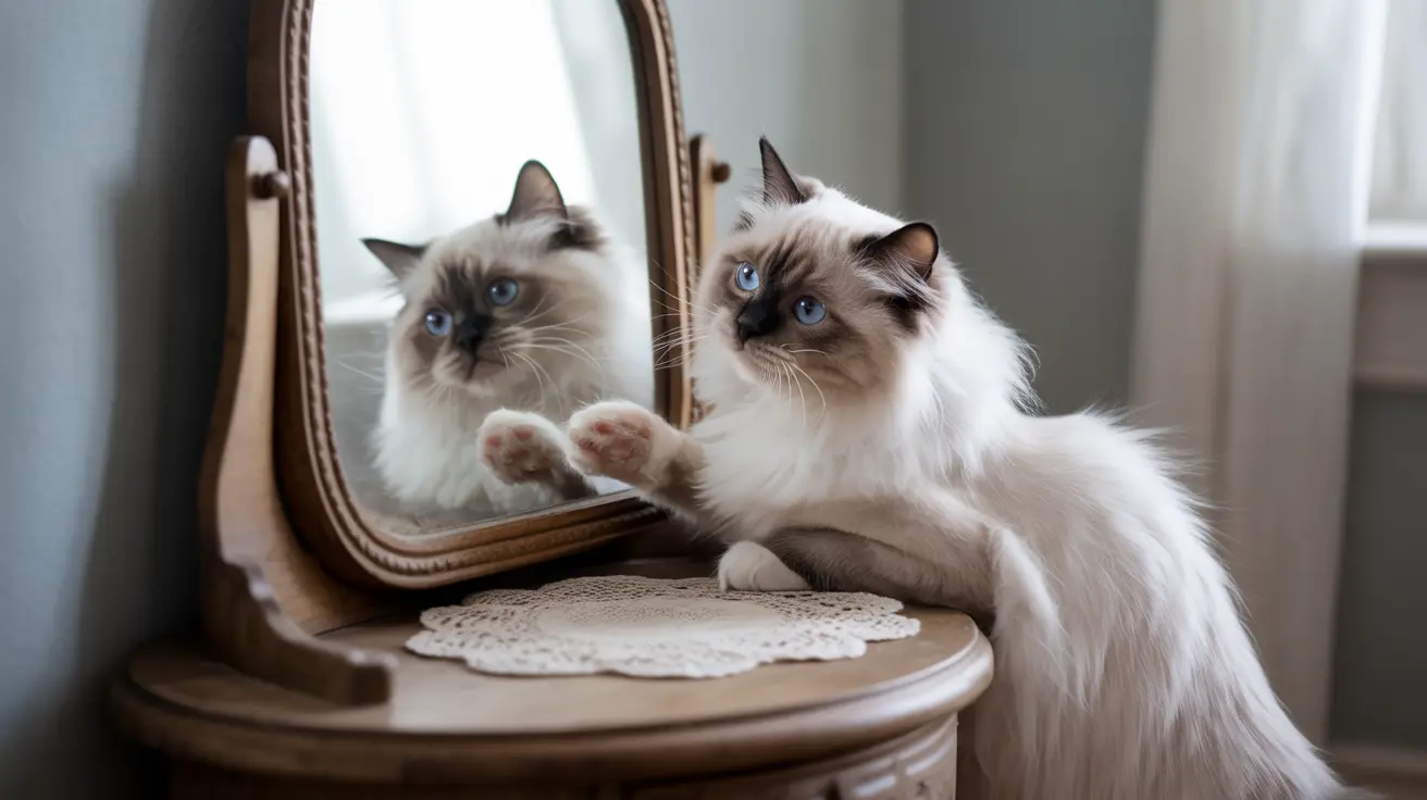 Ragdoll cat with blue eyes touching paw to vintage mirror on antique wooden dresser