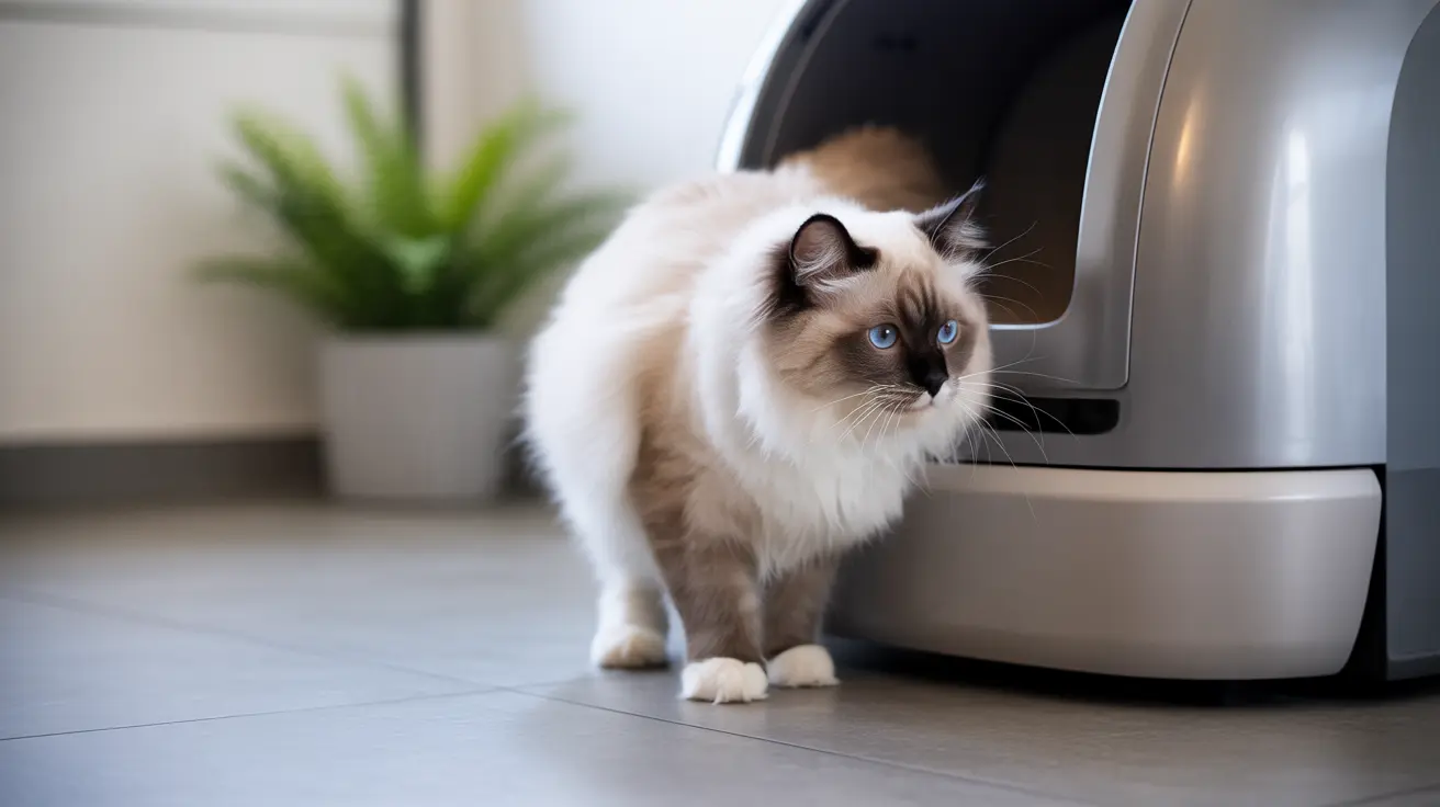 鮮やかな青い目を持つ美しいラグドール猫が、ミニマリストなインテリアの近代的なトイレのそばに座っている。