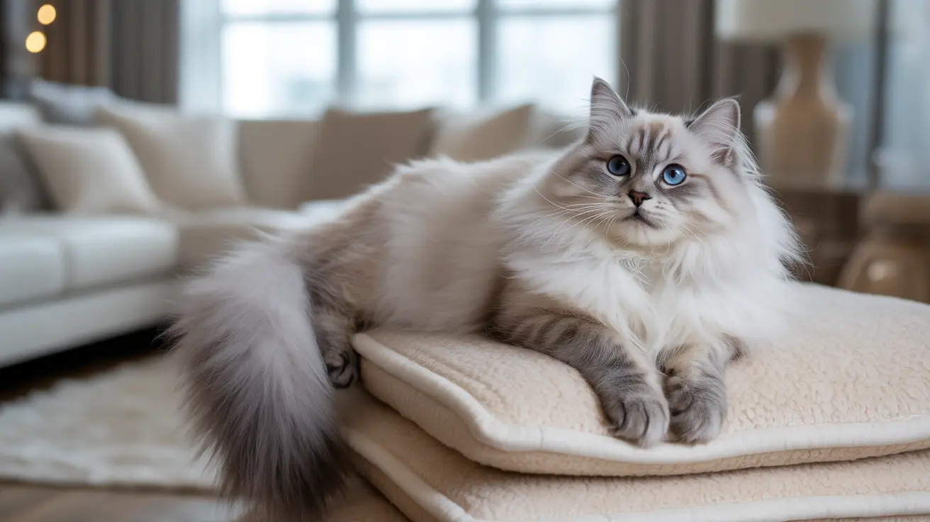 A beautiful Ragdoll cat with striking blue eyes resting on a soft, light-colored cushion in a modern living room.