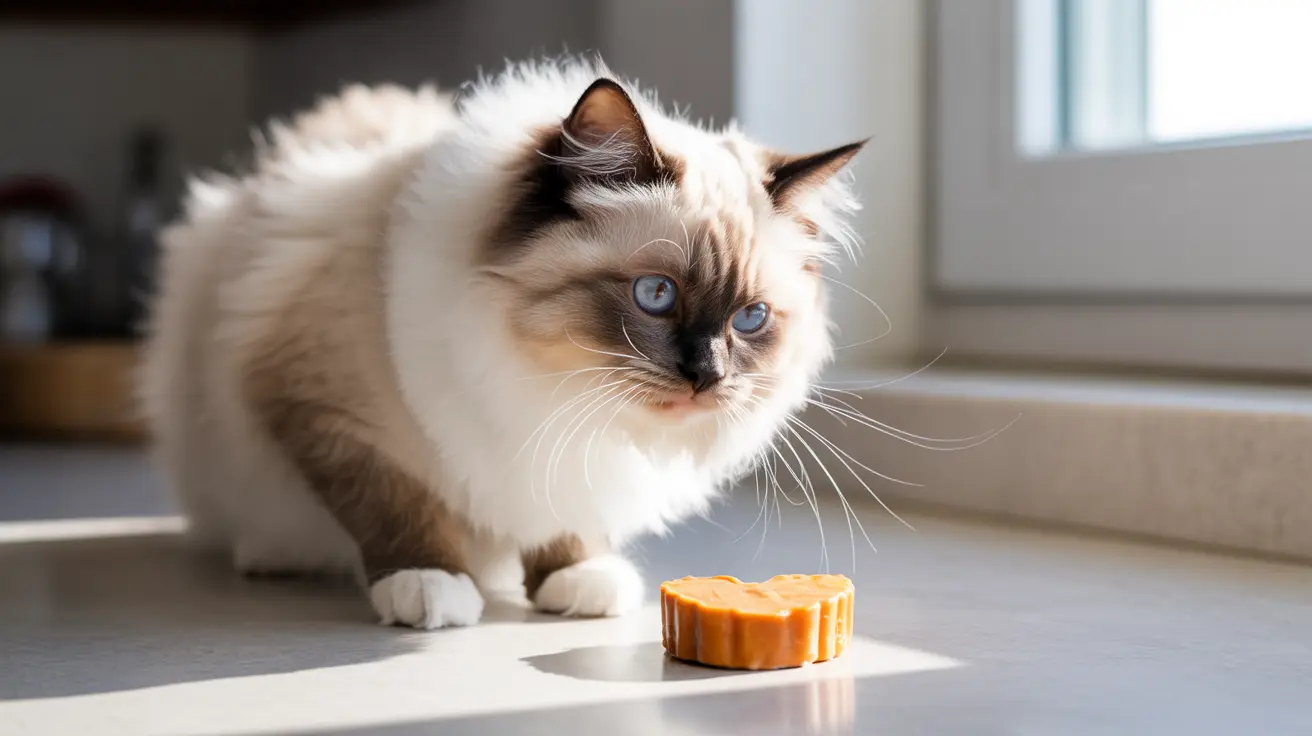 Fluffy Ragdoll cat sitting near an orange heart-shaped object, looking intently with striking blue eyes