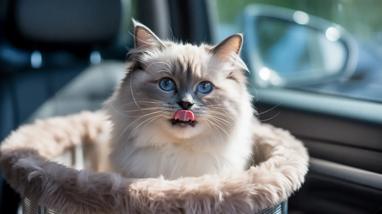 Ragdoll cat with blue eyes sitting in a plush pet bed with its tongue slightly visible