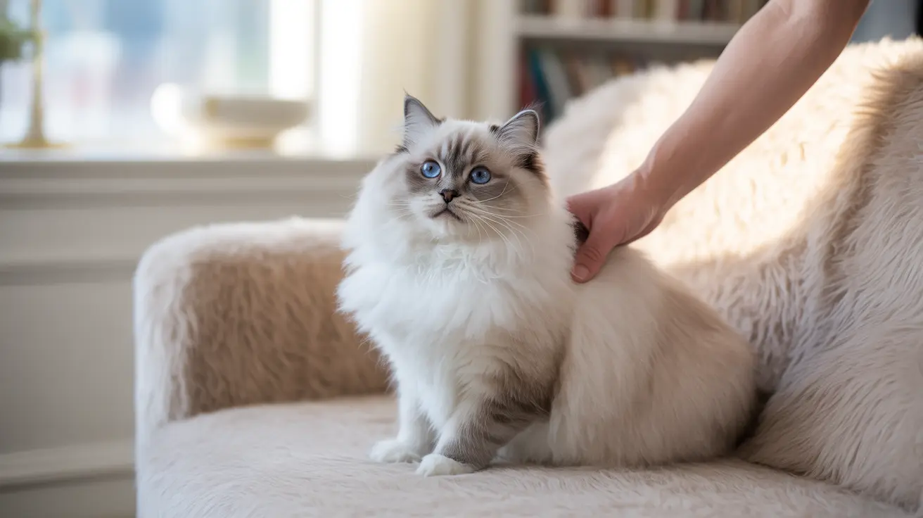 鮮やかな青い目を持つ美しいラグドール猫が淡い色のソファの上に座り、手でやさしくなでられている様子。