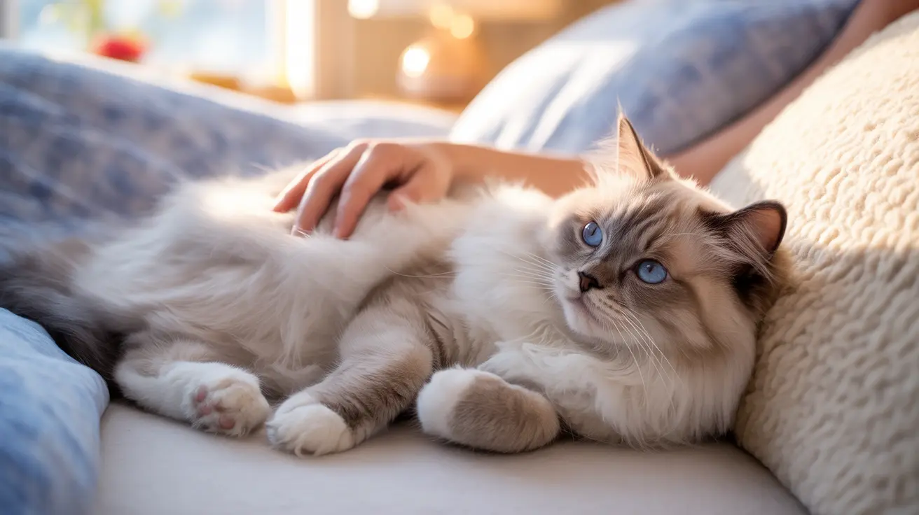 Blue-eyed Ragdoll cat being gently petted on a couch