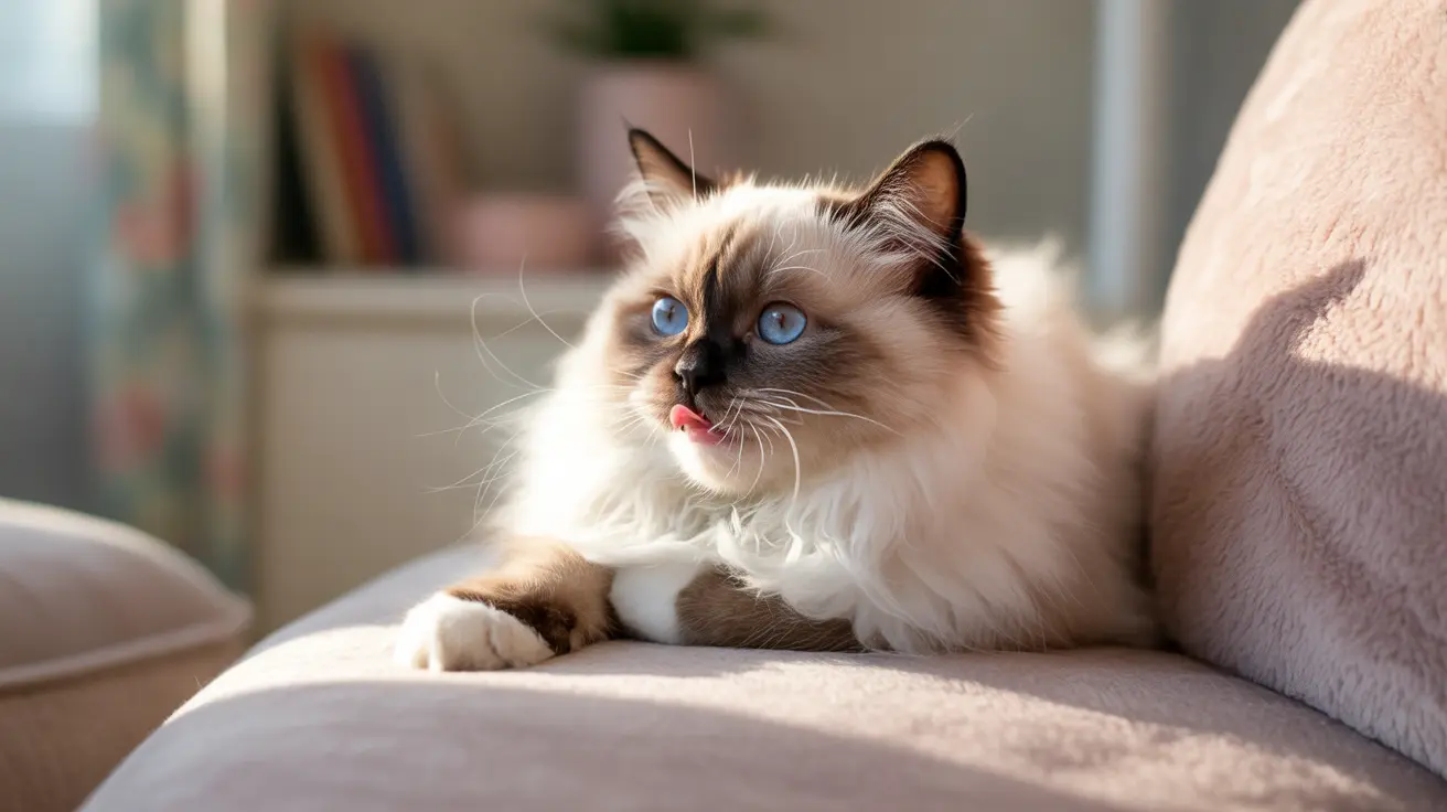 A beautiful Ragdoll cat with striking blue eyes sitting on a soft couch, with its tongue slightly sticking out.