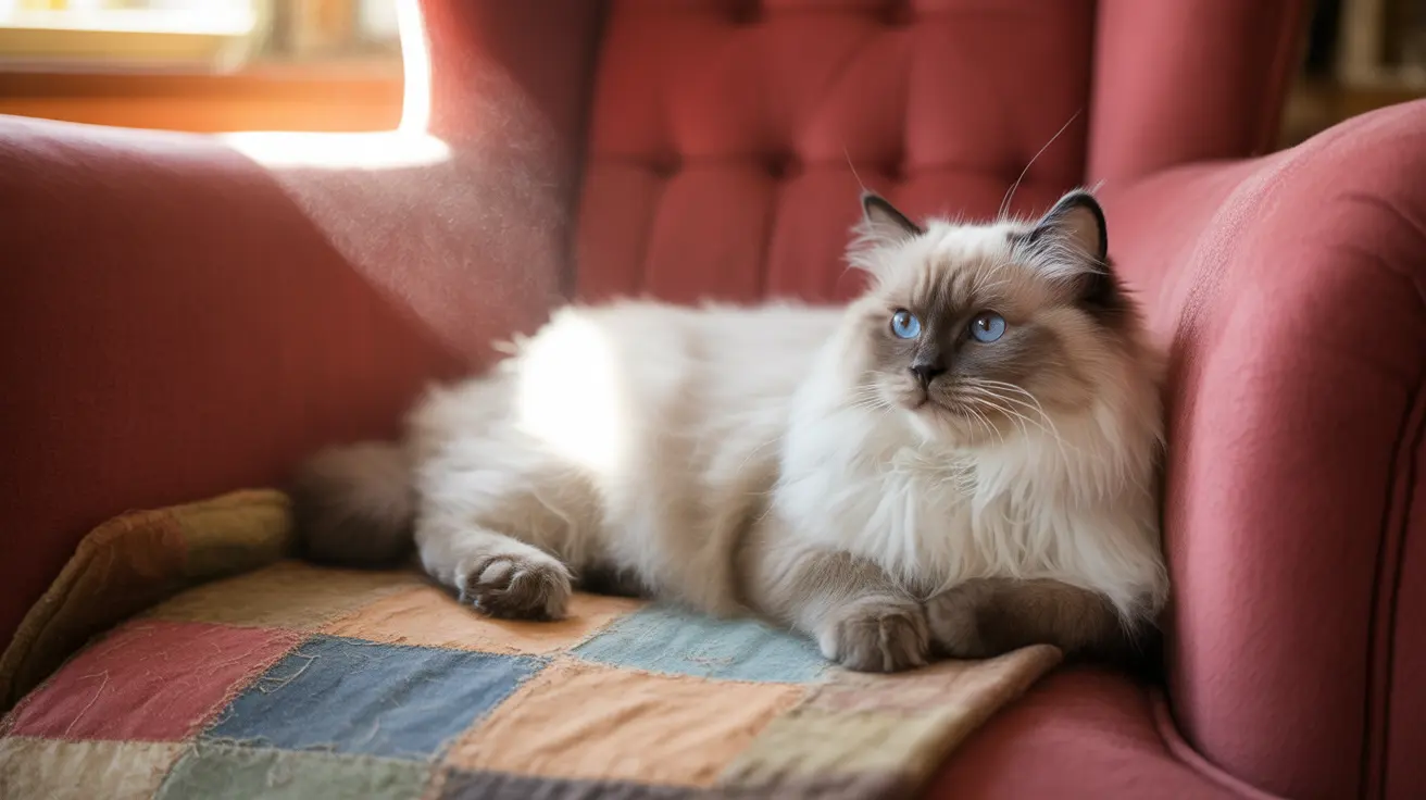 Ragdoll cat with blue eyes resting on a pink armchair in a cozy living room
