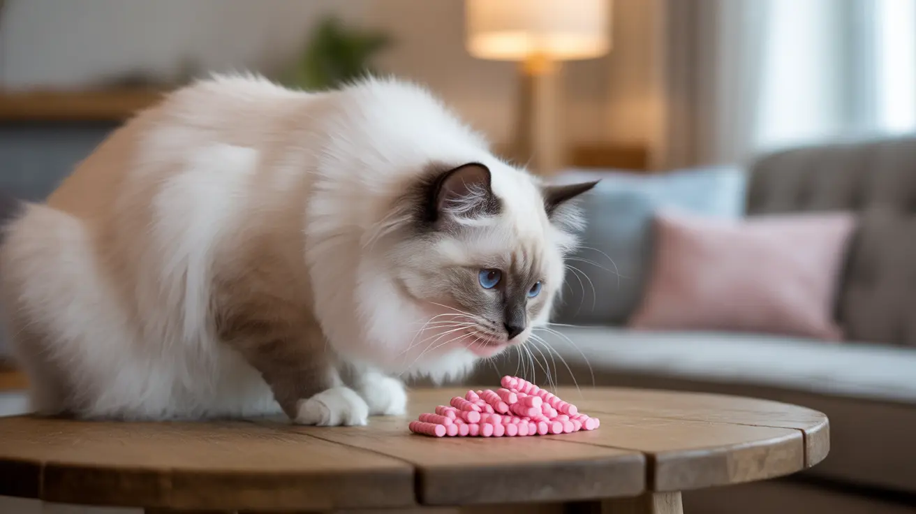 Ragdoll cat with blue eyes examining pink kibble on wooden table in living room