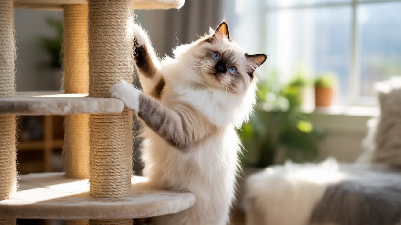 Ragdoll cat with blue eyes playing and stretching on a multi-level cat tree in a sunlit room